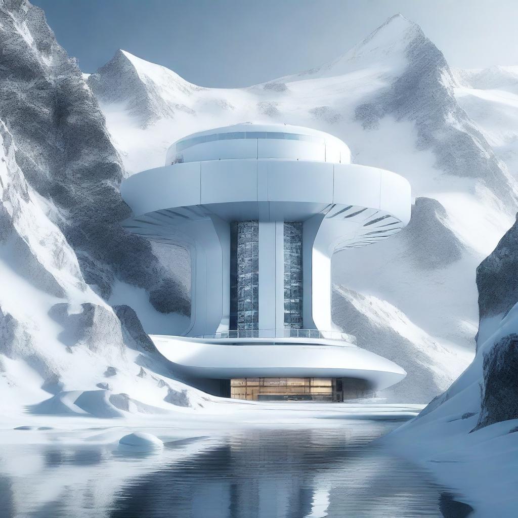 This is a high-quality digital art piece depicting a futuristic military base nestled within an icy mountain