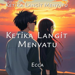 A novel cover for 'Ketika Langit Menyatu' showcasing two anime-style characters