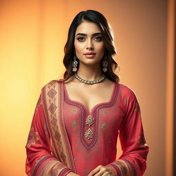 A stunning Pakistani woman wearing a beautifully designed shalwar kameez that showcases elegance