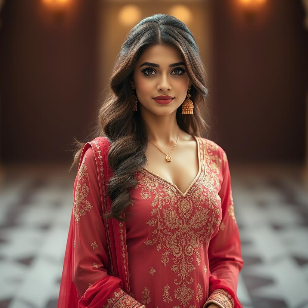 A stunning Pakistani woman wearing a beautifully designed shalwar kameez that showcases elegance