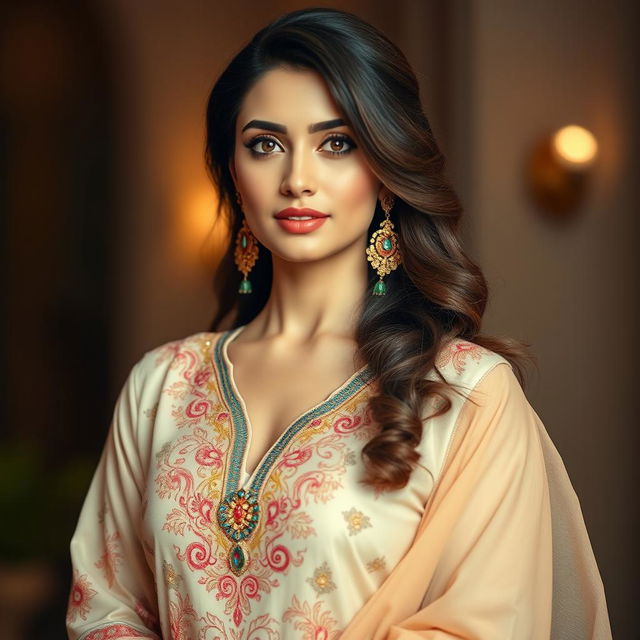 A stunning Pakistani woman wearing a beautifully designed shalwar kameez that showcases elegance