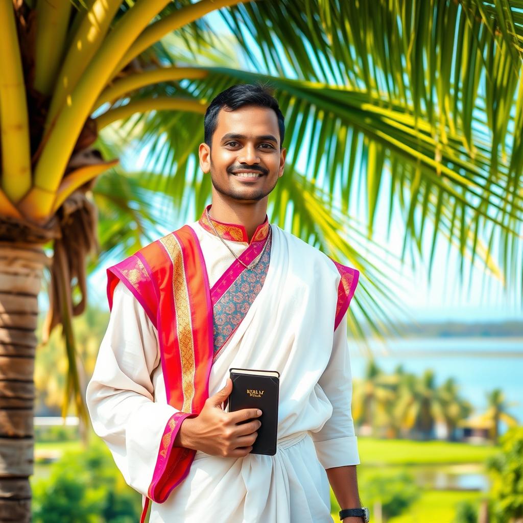 A portrait of a traditional Indian Christian male from Kerala, wearing a white dhoti and a colorful kurta, with a serene expression