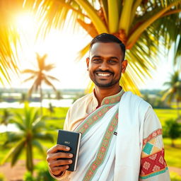 A portrait of a traditional Indian Christian male from Kerala, wearing a white dhoti and a colorful kurta, with a serene expression