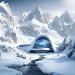 This is a high-quality digital art piece depicting a futuristic military base nestled within an icy mountain