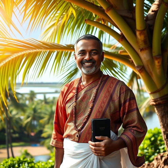 A portrait of a traditional Indian Christian male from Kerala, wearing a white dhoti and a colorful kurta, with a serene expression