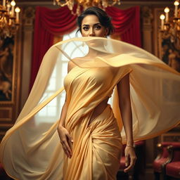 An elegant scene showcasing the art of saree undressing, featuring a confident and beautiful woman with big breasts from England