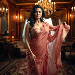 An elegant scene showcasing the art of saree undressing, featuring a confident and beautiful woman with big breasts from England