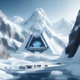 This is a high-quality digital art piece depicting a futuristic military base nestled within an icy mountain