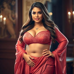 A stunning, curvy woman with a fuller figure, elegantly posed while wearing a luxurious traditional dress