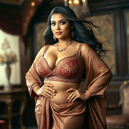 A stunning, curvy woman with a fuller figure, elegantly posed while wearing a luxurious traditional dress