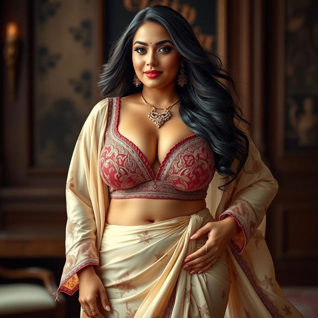 A stunning, curvy woman with a fuller figure, elegantly posed while wearing a luxurious traditional dress