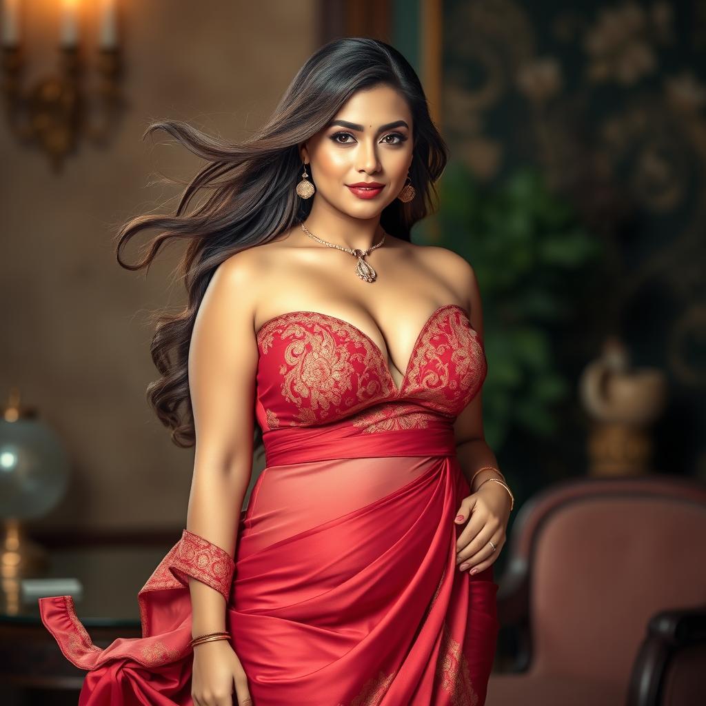 A stunning, curvy woman with a fuller figure, elegantly posed while wearing a luxurious traditional dress