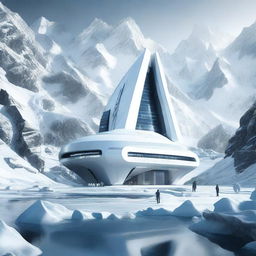 This is a high-quality digital art piece depicting a futuristic military base nestled within an icy mountain