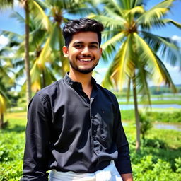A young male Christian man from Kerala, India, dressed in traditional attire, featuring a black shirt and white lungi, standing in a lush green landscape typical of Kerala