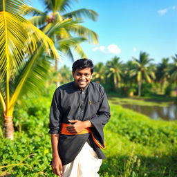 A young male Christian man from Kerala, India, dressed in traditional attire, featuring a black shirt and white lungi, standing in a lush green landscape typical of Kerala