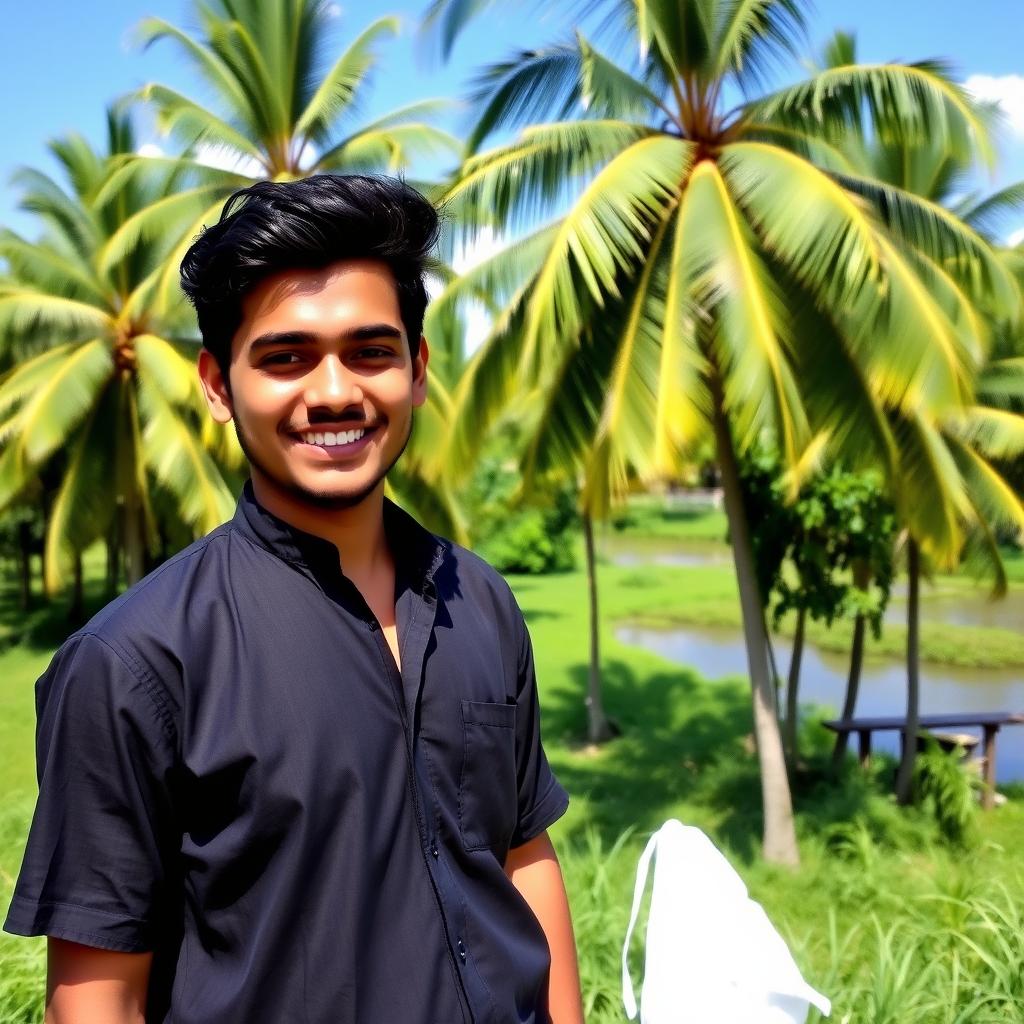 A young male Christian man from Kerala, India, dressed in traditional attire, featuring a black shirt and white lungi, standing in a lush green landscape typical of Kerala