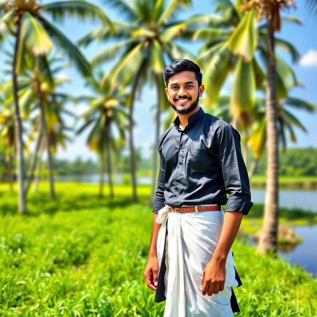 A young male Christian man from Kerala, India, dressed in traditional attire, featuring a black shirt and white lungi, standing in a lush green landscape typical of Kerala