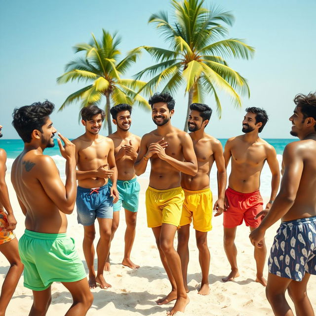 A lively scene depicting a group of young men from Kerala, India, enjoying a sunny day on a beach