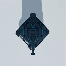 A futuristic tank seen from a top-down perspective, designed in dark gray and blue colors, rendered in a pixel art style