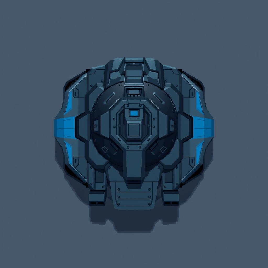 A futuristic tank seen from a top-down perspective, designed in dark gray and blue colors, rendered in a pixel art style