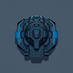 A futuristic tank seen from a top-down perspective, designed in dark gray and blue colors, rendered in a pixel art style
