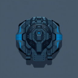 A futuristic tank seen from a top-down perspective, designed in dark gray and blue colors, rendered in a pixel art style