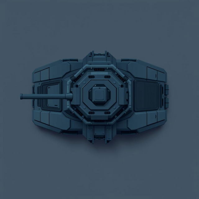 A futuristic tank seen from a top-down perspective, designed in dark gray and blue colors, rendered in a pixel art style