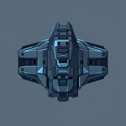 A futuristic tank viewed from the top, in dark gray and blue colors, depicted in a pixel art style