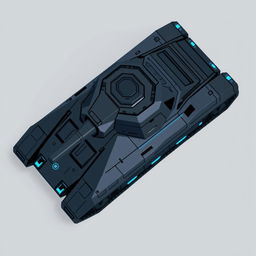 A futuristic tank viewed from the top, in dark gray and blue colors, depicted in a pixel art style