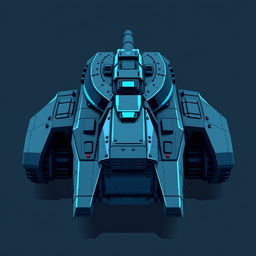 A futuristic tank viewed from the top, in dark gray and blue colors, depicted in a pixel art style