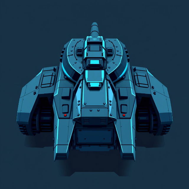 A futuristic tank viewed from the top, in dark gray and blue colors, depicted in a pixel art style