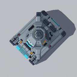 A futuristic tank viewed from above, featuring a sleek design with a color palette of gray and blue