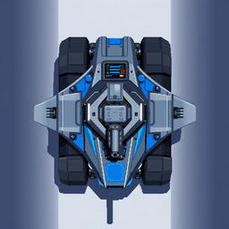 A futuristic tank viewed from above, featuring a sleek design with a color palette of gray and blue
