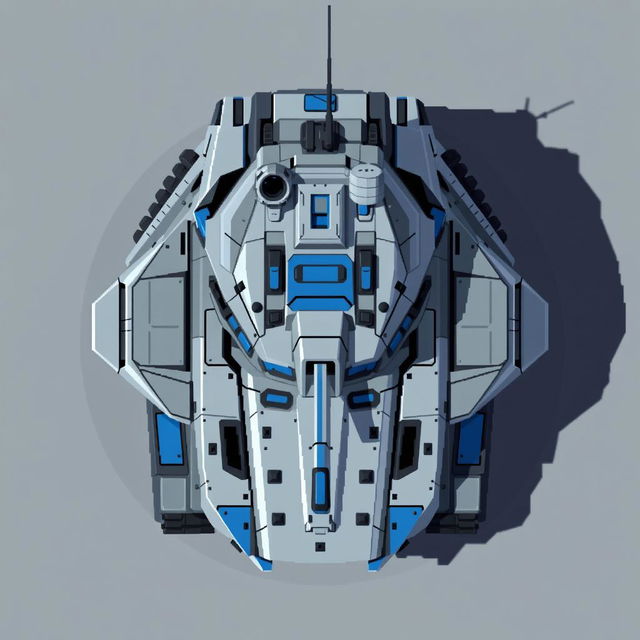 A futuristic tank viewed from above, featuring a sleek design with a color palette of gray and blue