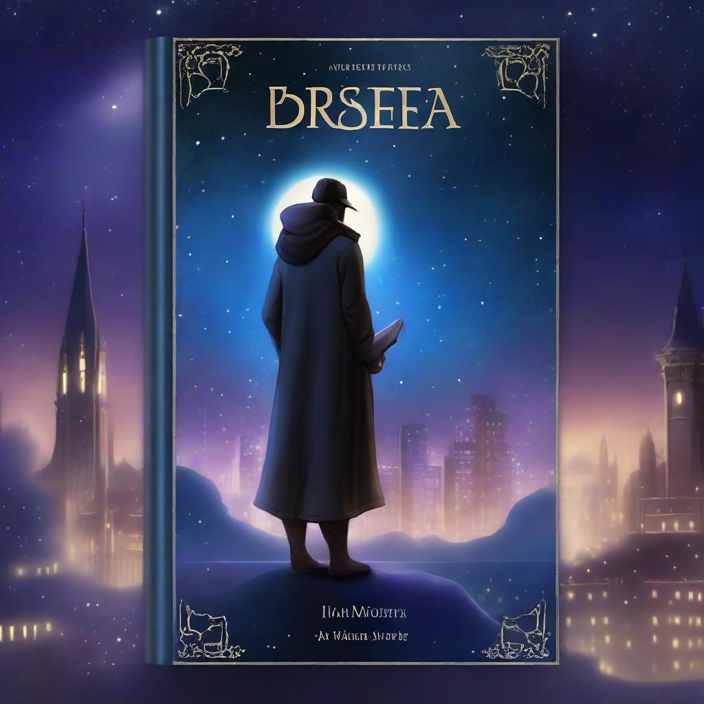 A high-quality digital art of a book cover featuring a mysterious character overlooking a cityscape under a starry sky