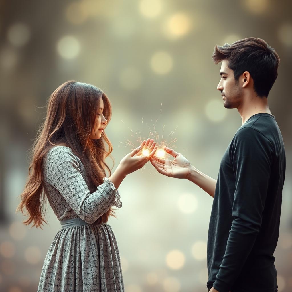 A captivating book cover design featuring a girl with long, flowing brown hair standing opposite a brunette guy