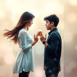 A captivating book cover design featuring a girl with long, flowing brown hair standing opposite a brunette guy