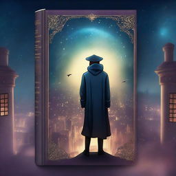 A high-quality digital art of a book cover featuring a mysterious character overlooking a cityscape under a starry sky