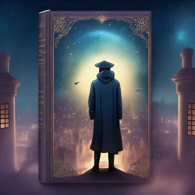 A high-quality digital art of a book cover featuring a mysterious character overlooking a cityscape under a starry sky