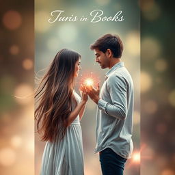 A captivating book cover design featuring a girl with long, flowing brown hair standing opposite a brunette guy