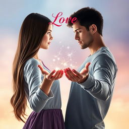 A stunning book cover design showcasing a girl with long, silky brown hair standing directly opposite a handsome brunette guy