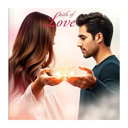 A stunning book cover design showcasing a girl with long, silky brown hair standing directly opposite a handsome brunette guy
