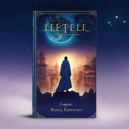 A high-quality digital art of a book cover featuring a mysterious character overlooking a cityscape under a starry sky