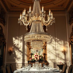 A stunning crystal chandelier hanging elegantly from a high ceiling, featuring intricate details and a cascading design of sparkling crystals that catch the light