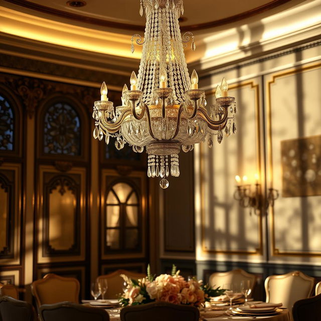 A stunning crystal chandelier hanging elegantly from a high ceiling, featuring intricate details and a cascading design of sparkling crystals that catch the light