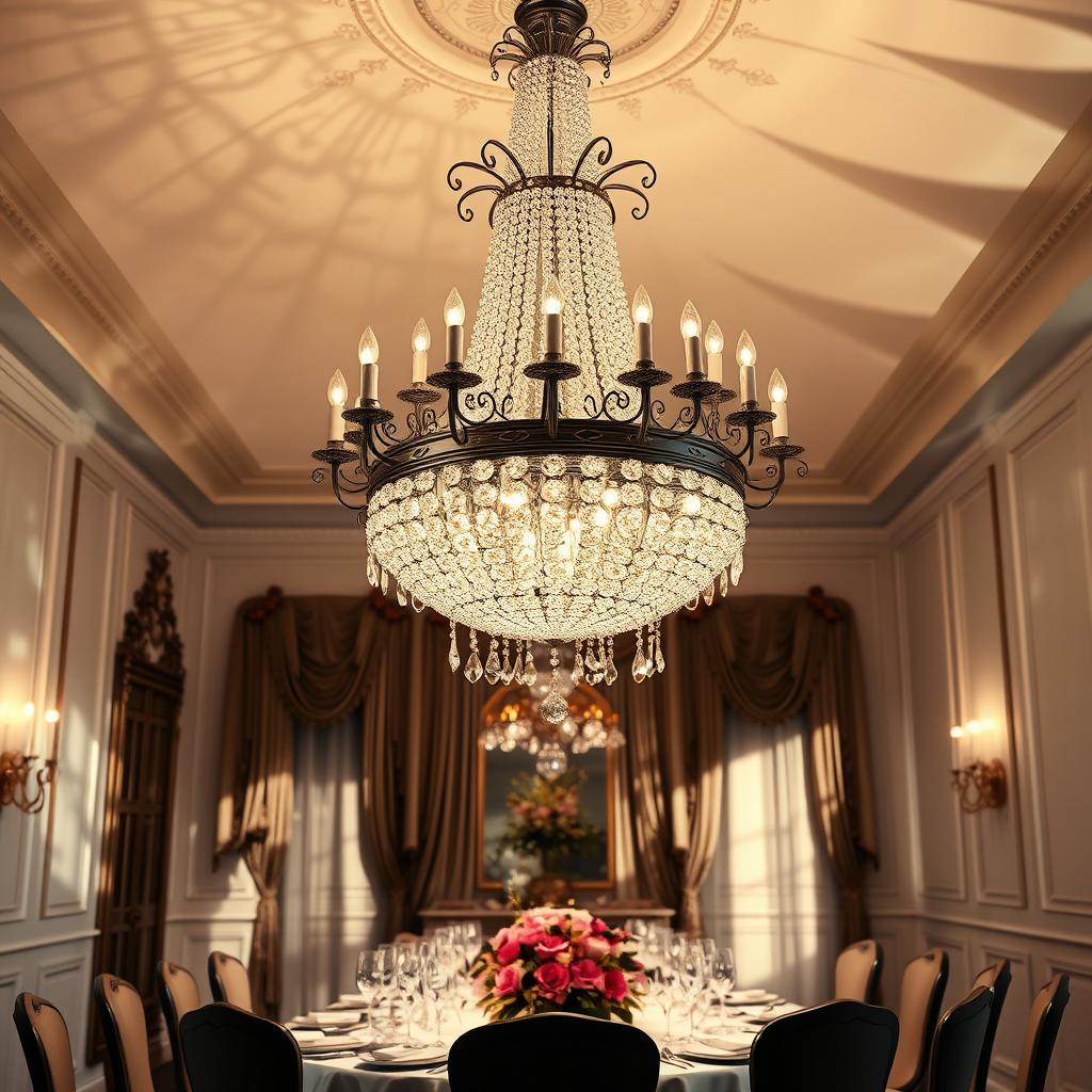 A stunning crystal chandelier hanging elegantly from a high ceiling, featuring intricate details and a cascading design of sparkling crystals that catch the light