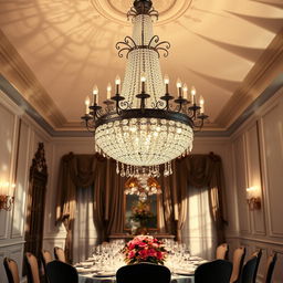 A stunning crystal chandelier hanging elegantly from a high ceiling, featuring intricate details and a cascading design of sparkling crystals that catch the light