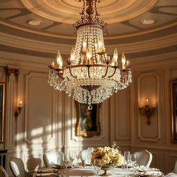 A stunning crystal chandelier hanging elegantly from a high ceiling, featuring intricate details and a cascading design of sparkling crystals that catch the light
