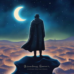 A high-quality digital art of a book cover featuring a mysterious character overlooking a cityscape under a starry sky