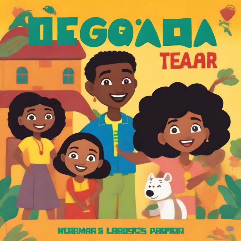 A vibrant, high-quality book cover for a Tigrinja learning book for kids and teens, featuring the animated character Tesfa and his family in their home